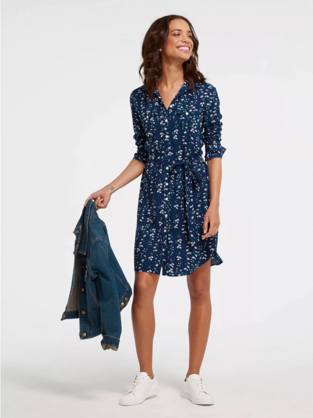 Draper James Daisy Vine Shirt Dress, Navy Blue Floral Print, 4, MSRP $98
